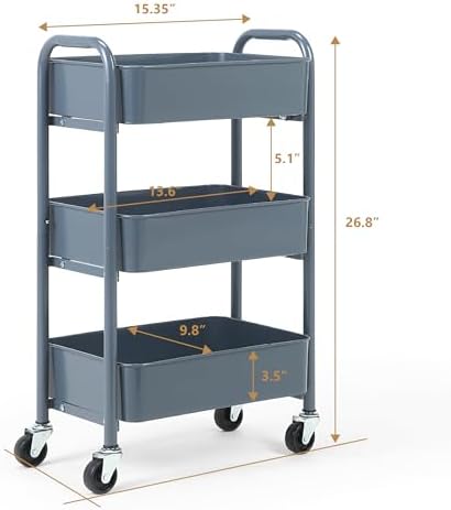 SunnyPoint 3-Tier Delicate Compact Rolling Metal Storage Organizer - Mobile Utility Cart Kitchen/Under Desk Cart with Caster Wheels - Blue (15.35" X 10.24" X 26.8"H) - Image 6