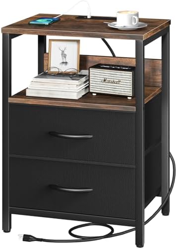 Yoobure Nightstand with Charging Station, Small Night Stand with Fabric Drawers and Storage Shelf for Bedrooms, Nightstands for Small Spaces, Bedside Table with USB Ports & Outlets, Bed Side Table by Yoobure