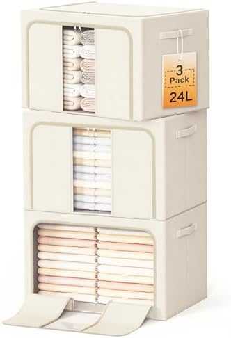 Clothes Storage Bins with Metal Frame, Foldable Clothes Organizers Storage Containers for Clothes, Sheets, Blankets, Pillows and Towels (24L, 3 Pack) Beige by LeArex