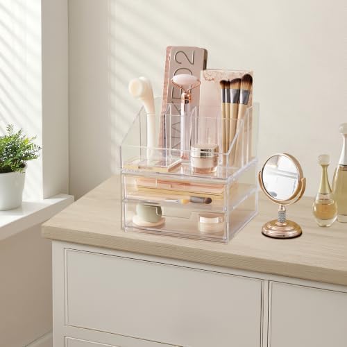 STORi Stackable Desk and Drawer Organizer, Clear Pen Pencil Makeup Brush Holder for Desktops and Vanities, 6 Compartment Caddy with 2 Wide Drawers (Made in USA) - Image 6