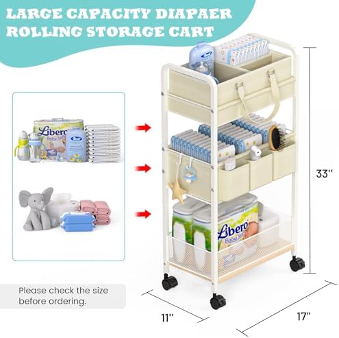 2In1 Baby Diaper Caddy & 3-Tier Rolling Cart, Diaper Caddy Organizer Carts with Dividers, Mobile Metal Utility Cart for Nursery Essentials, Detachable Bedside Cart, Large Capacity, White - Image 2