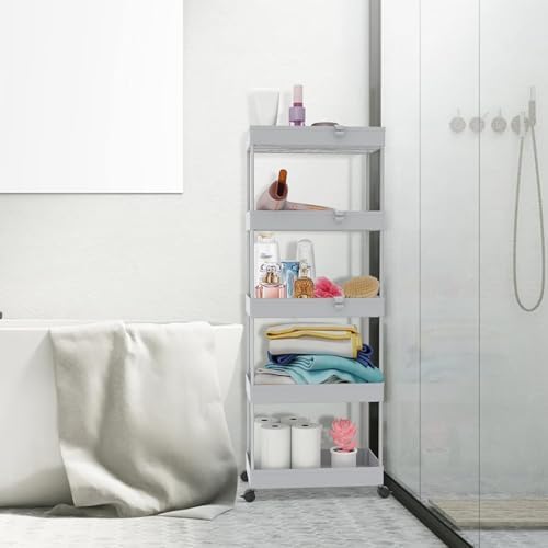 SPACEKEEPER 5 Tier Storage Rolling Cart, Bathroom Cart with Wheels, Gray - Image 5