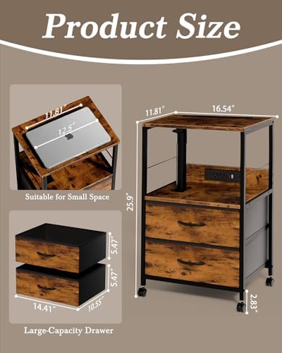 Faesun Swivel Lift Top Nightstand with Charging Station, Rolling Side Table for Recliner, Bedside Table with Wheels & 2 Fabric Drawers, for Small Spaces, for Bedroom, Living Room, Brown - Image 2