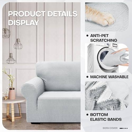 ZNSAYOTX 1 Piece Jacquard Couch Covers for 2 Cushion Couch High Stretch Loveseat Slipcover for Pets Dogs Anti Slip Love Seat Sofa Slipcover Furniture Protector (Medium, New Pattern Silver Grey) - Image 3