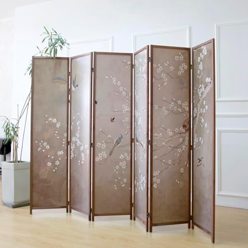 Furnnylane 6 Panel Room Divider for Room Separation, 5.6 ft Tall Double Sided Blackout Folding Privacy Screen - Freestanding Wall Partition with Plums and Birds Scenery for Home Office (67"H x 94.5"W) by Furnnylane