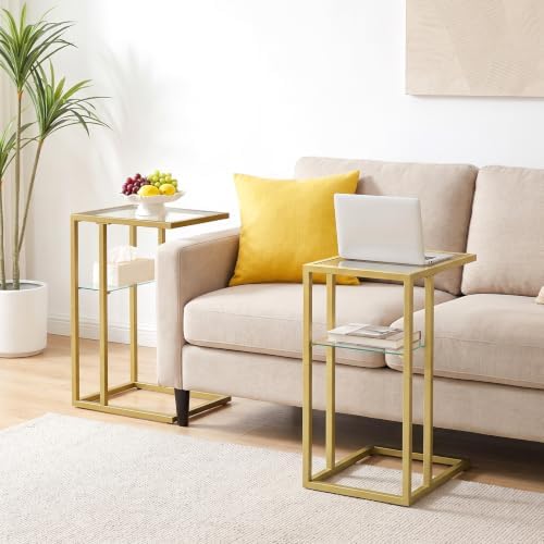 HOOBRO C Shaped End Table, 2-Tier Small Side Table with Glass Tabletop - Image 2
