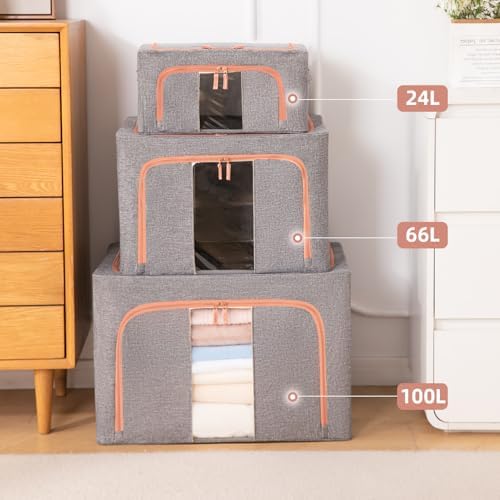 GuliPostan 3 Pack 24L Stackable Clothes Storage Bins with Metal Frame Handles & Zipper, Collapsible Closet Organizer Box with Lid for Bedding Blankets Towel (Grey) - Image 5