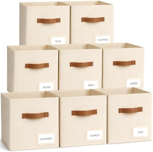 Storage Cubes 8 Pack, 11 Inch Fabric Storage Cubes Organizer Bins with Labels, Odor-Free & Sturdy PP Structure, Cubby Baskets for Closet, Shelves, Toys & Nursery (Beige) by Unknown