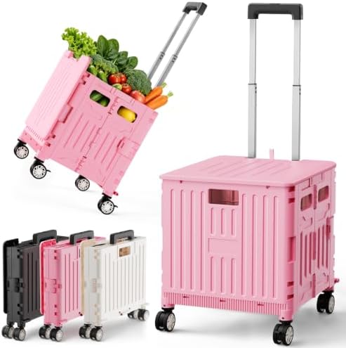 SUNALLY Folding Utility Cart Rolling Crate Handcart Shopping Trolley, Pink by SUNALLY