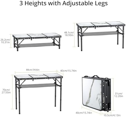 Anbte 3ft Folding Camping Table, 3 Adjustable Height Max 27.5", White - Image 3