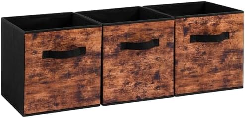 Stero Fabric Storage Cubes, 3 Pack Foldable Storage Bins with Handle, 11 Inch Storage Baskets Box for Shelves, Closet, Organizer, Rustic Brown and Black by Stero