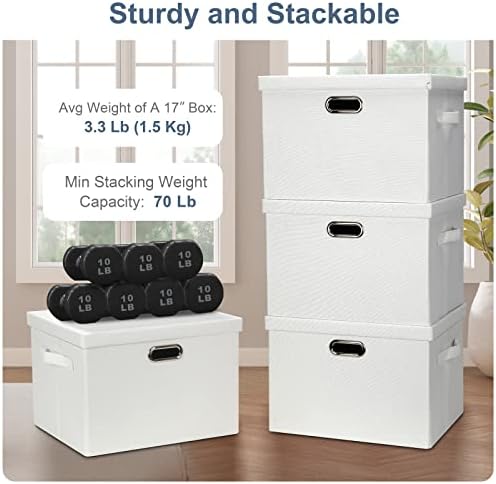 Graciadeco Large 17" 36 Quart Collapsible Stackable Storage Bins with Lids, 5 Packs White Linen Fabric Closet Boxes with Lids, Storage Cube Baskets Container Organizers for Bedroom Office(17 x12 x11) - Image 4