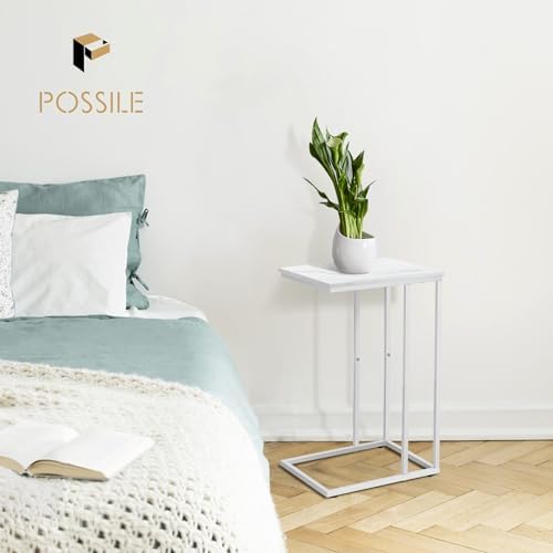 Possile C Shaped End Table Set of 2 for Sofa and Bed, Slide Under Couch Tables, Side Table With Faux Marble Top, Small Under Table Tray for Living Room, Bedroom, White - Image 4