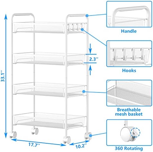 4-Tier Mesh Rolling Cart - 35 BLS/Tier Full Metal Cart with Wheel & 4 Hooks - Image 6
