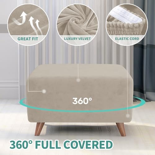 MAXIJIN Velvet Ottoman Slipcover Stretch Square Rectangle Footstool Slipcover Folding Storage Ottoman Covers for Living Room with Elastic Bottom (Large, Khaki) - Image 4