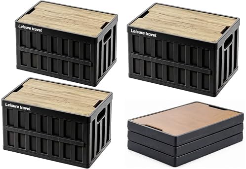 VIMI 50L Collapsible Storage Bins with Lids Stackable Utility Crates with Handles Plastic Large Folding Containers for Organizing Tools,Books,Food,Drinks,Camping&Transport (Black-3 Pack) by VIMI