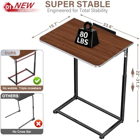 Extra Large Heavy Duty TV Tray Table, 23.6" Folding C-Shaped Laptop Desk for Couch & Bed, Height & Tilt Adjustable Overbed End Table with Phone/Tablet Slot, Easy Clean Walnut Finish for Small Spaces - Image 2