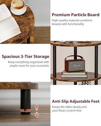 XBurmo Small Round End Table - 3 Tier Design Accent Table, Narrow Side or Bedside Stand, Industrial Vintage Nightstand for Bedroom, Living Room, or Small Spaces, Set of 2, Rustic Brown - Image 5
