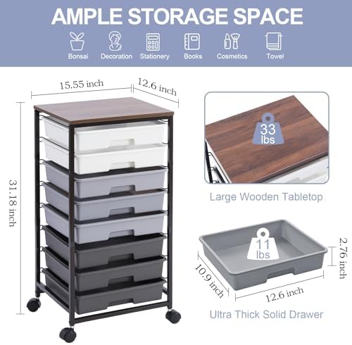 SYKIARIOL Rolling Cart with Drawers,8 Drawers Utility Cart,Grey Gradient - Image 2