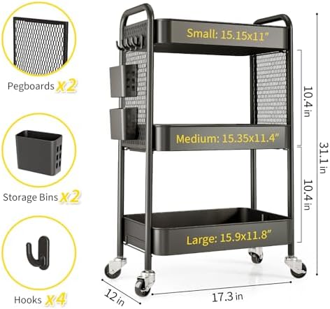 TOOLF 3 Tier Rolling Cart, Metal Utility Storage Cart with Pegboard, Black | 2 Bins & 4 Hooks, Screwless Assembly, Lockable Wheels, Trolley Organizer for Bathroom, Kitchen, Office, Dorm, Craft Room - Image 7