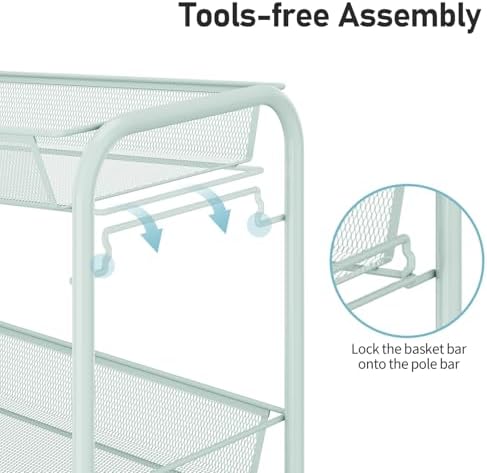 TOOLF 3 Tier Rolling Cart, Metal Utility Storage Cart with Wheels, Green | 3 Hooks, Screwless Assembly, Trolley Organizer for Bathroom, Kitchen, Office, Nursery, Dorm, Laundry Room - Image 4