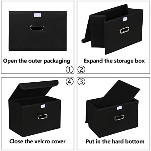 Fabric Foldable Collapsible Storage Cube Bin Organizer Basket with Lid, Handles, Removable Divider for Home, Closet (Black, 3Pcs) - Image 4