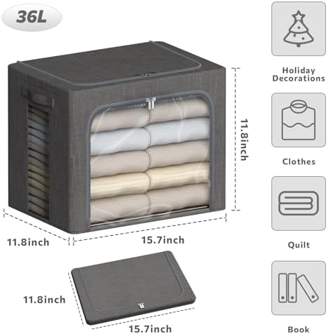 4 Pack Clothes Storage Bins with Metal Frame - 36L Stackable Storage Box with Lid，Foldable Storage Container Organizer for Clothes，Linen Fabric Storage Box with Clear Window＆Zippers＆Handles - Image 4