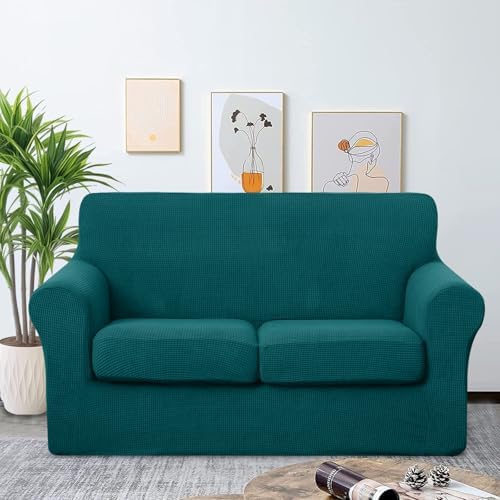 U-NICE HOME 3 Pieces Stretch Loveseat Couch Cover, Blue - Image 2