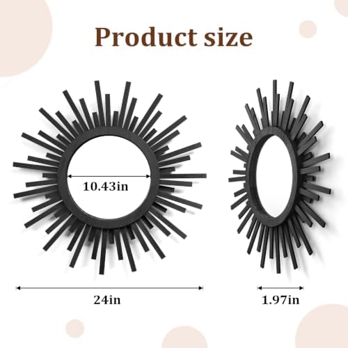 24 Inch Boho Sunburst Mirror, Round Wooden Wall Decor Starburst Sun Mirror for Bedroom, Living Room, Bathroom, Hallway, Balcony, Farmhouse Entryway, Housewarming Gift（Black - Image 3