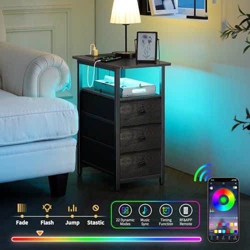 Yoobure End Table with Charging Station, LED Narrow Side Table Bedside Table, Small Night Stand End Tables Living Room, Skinny Nightstand with 3 Fabric Drawers, Side Tables Bedroom for Small Spaces - Image 4