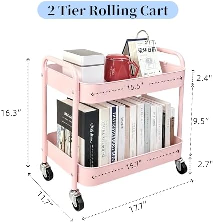 2 Tier Pink Rolling Cart with Wheels for Under Desk Storage, Large Capacity Rolling Pantry & Kitchen Storage Cart for Small Space, Sturdy Metal Bathroom Shelf Laundry Room Organization - Image 6