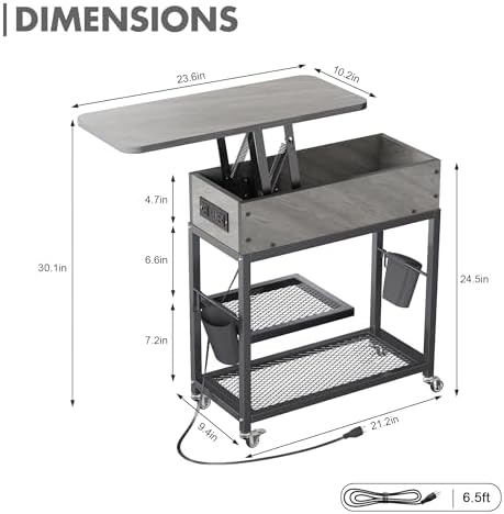 Colima Lift Top End Table with Charging Station and Wheels, Gray - Image 3