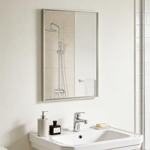 Bathroom Mirror for Wall, 24x16 Inch Framed Vanity Mirror Brushed Nickel by Ruomeng