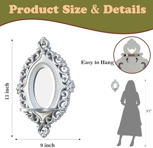2 Set Vintage Candle Wall Sconce for Home Decor Living Room Bedroom Office Wood Antique Mirrored Victorian Mounted Candlestick Wall Holder Relief Hanging Decor -Silver 11.8in - Image 5