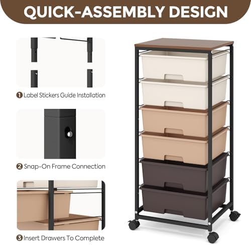 6 Drawer Rolling Storage Cart with Wooden Top and Wheels for Crafts,Brown - Image 5