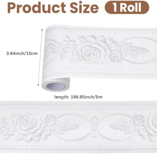 3D Wallpaper Border Floral White Wall Border Trim 197 x 4 Inch Elegant Rose Flower Pattern PVC Decorative Molding Peel and Stick Tiles Stickers for Bathroom Laundry Kitchen Home Decoration - Image 2