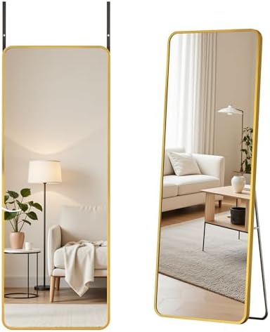 Antok Over The Door Mirror Full Length, 49'' x 14''Wall Mounted Hanging Mirror, Aluminum Alloy Frame, Shatterproof Glass, No Drill Installation for Bedroom, Closet, Bathroom, Dorm, Round Corner,Gold - Image 2