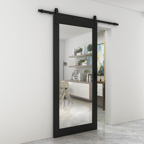 36 in. x 84 in. Mirrored Glass Black MDF Interior Sliding Barn Door with Hardware Kit and Door Handle - Image 4