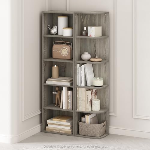 Furinno Reed Corner Shelf, 5-Tier Corner Bookshelf, Book Shelf, Corner Shelves, Storage Rack, for Organization and Storage, Home Office, Living Room, French Oak - Image 2