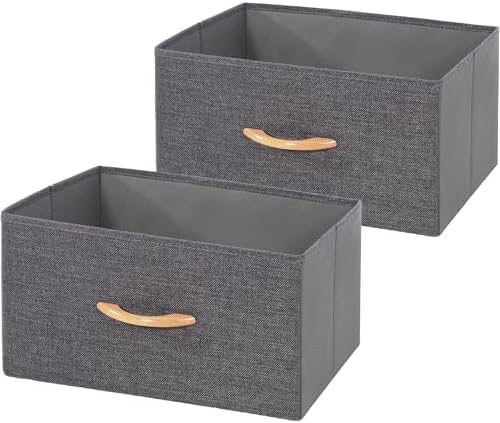 Large Storage Bins, Foldable Storage Baskets with Wooden Handles, Fabric Clothes Storage Boxes for Shelves for Organizing Closet Shelf Nursery, Grey 2-Pack by Unknown