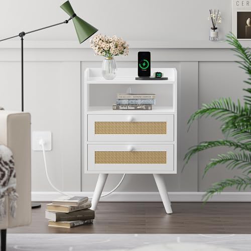 SUPERJARE Night Stand with Charger Station, Boho Rattan Nightstand Set of 2 - Image 2