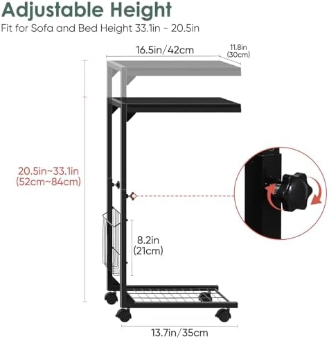 C Shaped End Table Small Side Table with Wheels Slide Under Couch Table for Sofa Adjustable Height C Table with Metal Frame for Living Room Bedroom Bedside, Black - Image 2