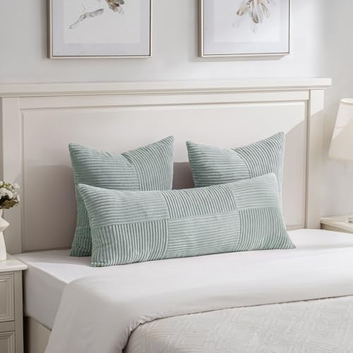 Fancy Homi Set of 2 Grey Blue Boho Long Lumbar Body Decorative Throw Pillow Cover 14x36 Inch for Bed Couch Bedroom Bench, Soft Patchwork Corduroy Textured Pillow Case, Rustic Farmhouse Room Décor - Image 2