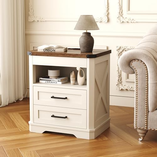 Yusong Farmhouse Night Stand with Gun Drawer & Invisible Lock, Rustic Wooden Night Stand with Charging Station, Beside Table with Drawers and Open Storage, End Tables for Bedroom, (White 004) - Image 3