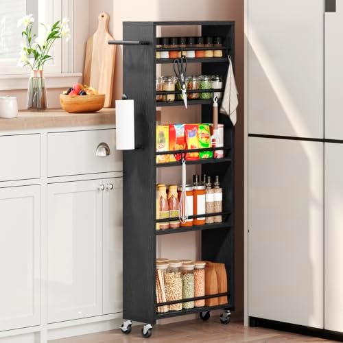 YATINEY 6 Tier Slim Storage Cart, Narrow Kitchen Cart with Wheels, Rolling Utility Cart with Handle and 6 Hooks, Space Saving Organizer for Kitchen, Bathroom, Laundry Room, Black BC11BB by Yatiney