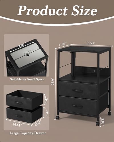 Faesun Swivel Lift Top Nightstand with Charging Station, Rolling Side Table for Recliner, Bedside Table with Wheels & 2 Fabric Drawers, for Small Spaces, for Bedroom, Living Room, Black - Image 2