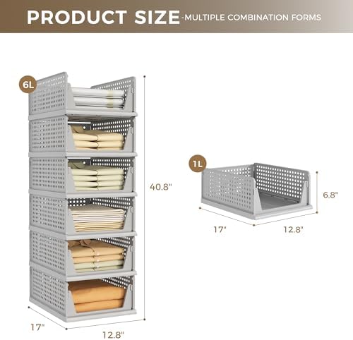 Pinkpum 6 Pack Closet Organizer Storage Bins Stackable Plastic Drawer Shelf - Image 3