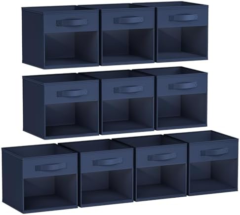 DIMJ Storage Cubes, Cube Storage Bin, 10 Pack Foldable Baskets with Window, Closet Storage Bins with Handle, 11x 11 inch Storage Cubes for Clothes, Toys, Books (Navy Blue) by DiMJ