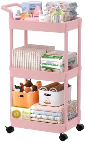 Volnamal Diaper Caddy, 3 Tier Rolling Cart for Baby Essentials, Pink by Volnamal