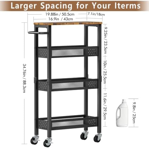 Slim Storage Cart with Wheels, 4 Tier Metal Rolling Organizer with Wood Top and Handle, Narrow Utility Shelf for Kitchen Bathroom Laundry Room, Black - Image 3